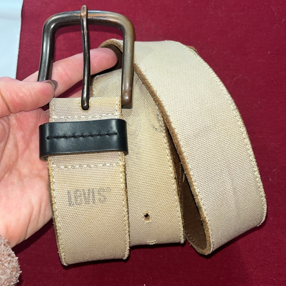 Levi’s Vintage TAN canvas BELT brown SOFT Leather GRUNGE 90s Belt.  fits 38-42”